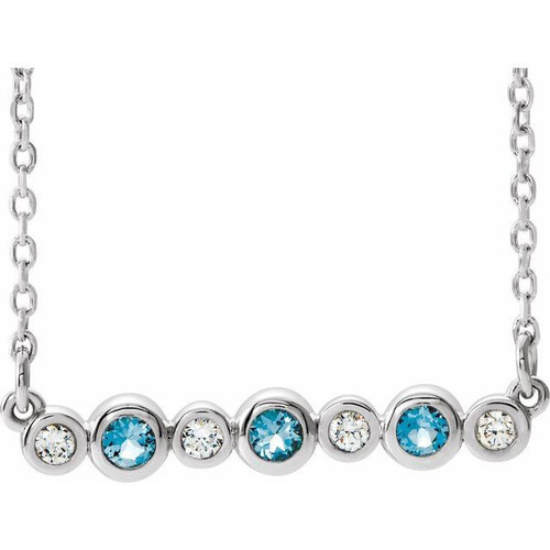 Platinum Aquamarine Gem and .08 Carat Diamond Bezel Set Bar 16 to 18 inch Necklace