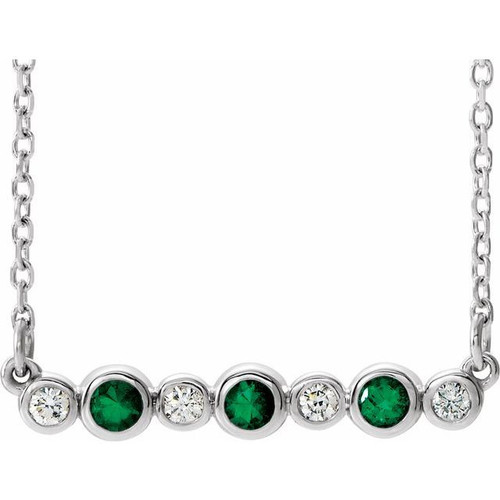 Emerald Necklace in Platinum Emerald and .08 Carat Diamond Bezel Set Bar 16 inch Necklace