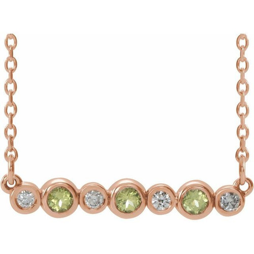 Genuine Peridot Necklace in 14 Karat Rose Gold Peridot and .08 Carat Diamond Bezel Set Bar 16 inch Necklace