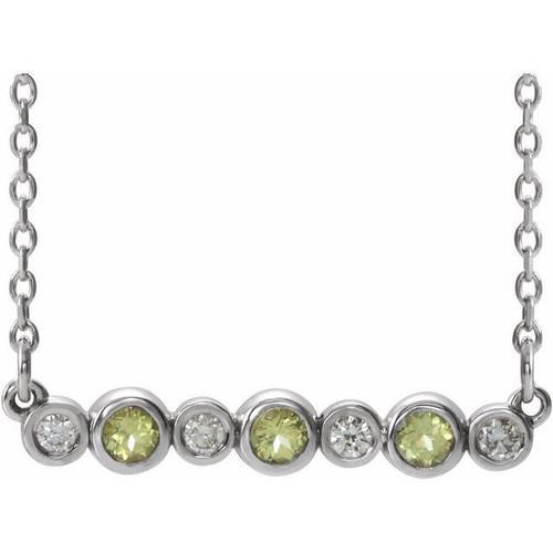 Genuine Peridot Necklace in Sterling Silver Peridot and .08 Carat Diamond Bezel Set Bar 16 inch Necklace