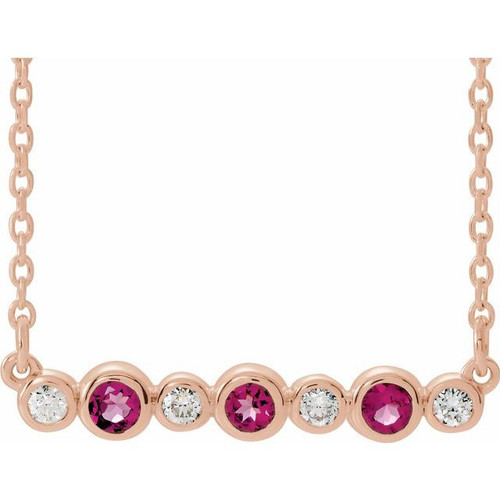 Pink Tourmaline Necklace in 14 Karat Rose Gold Pink Tourmaline and .08 Carat Diamond Bezel Set Bar 16 inch Necklace