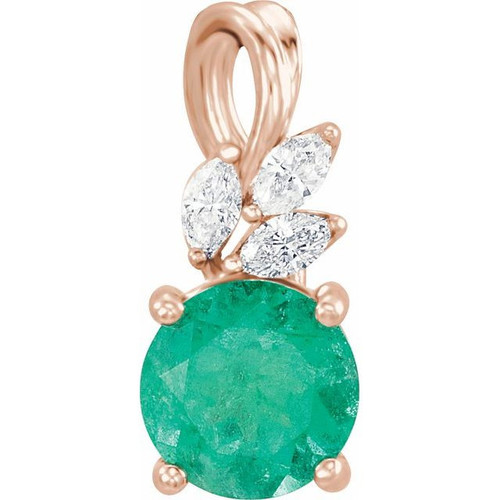 14 Karat Rose Gold Lab Created Emerald and 0.10 Carat Diamond Pendant