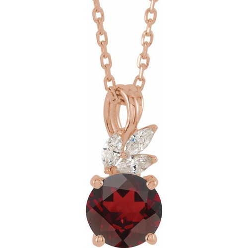 Red Garnet Necklace in 14 Karat Rose Gold Mozambique Garnet and 0.10 Carat Diamond 16 18 inch Necklace