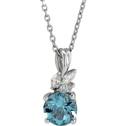 Sterling Silver Aquamarine Gem and 0.10 Carat Diamond 16 to 18 inch Necklace