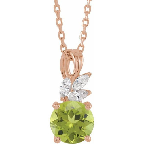 Genuine Peridot Necklace in 14 Karat Rose Gold Peridot and 0.10 Carat Diamond 16 18 inch Necklace