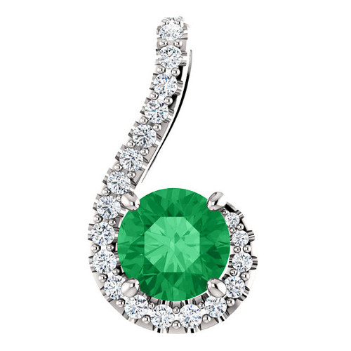 14 Karat White Gold Emerald and 00.17 Carat Diamond Pendant