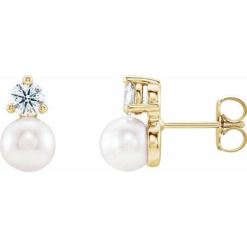 White Pearl Earrings in 14 Karat Yellow Gold Freshwater Cultured Pearl and 0.12 Carat Diamond Earrings