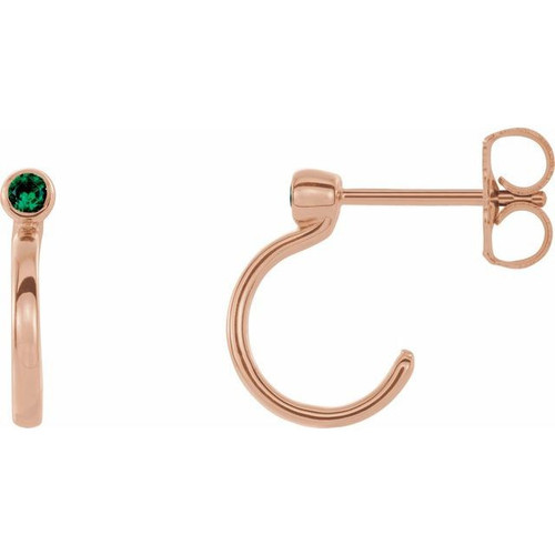 14 Karat Rose Gold 2 mm Round Lab Created Emerald Bezel Set Hoop Earrings