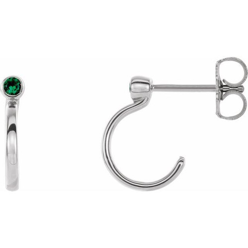 Platinum 2 mm Round Lab Created Emerald Bezel Set Hoop Earrings