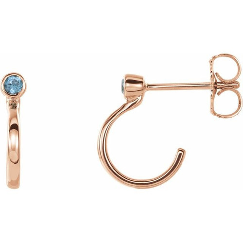 14 Karat Rose Gold 2 mm Round Genuine Blue Zircon Bezel Set Hoop Earrings