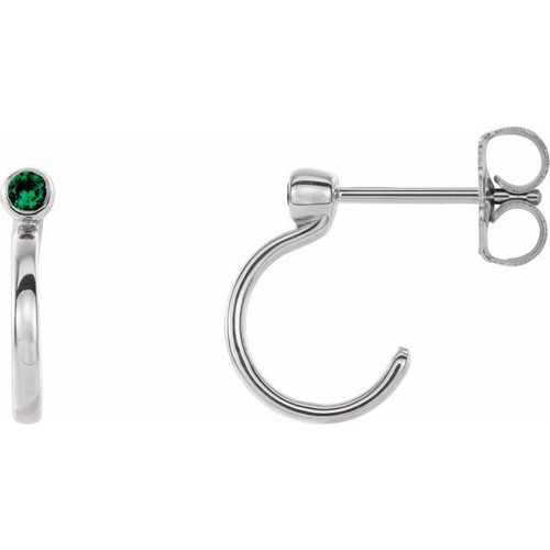 Sterling Silver 2.5 mm Round Emerald Bezel Set Hoop Earrings