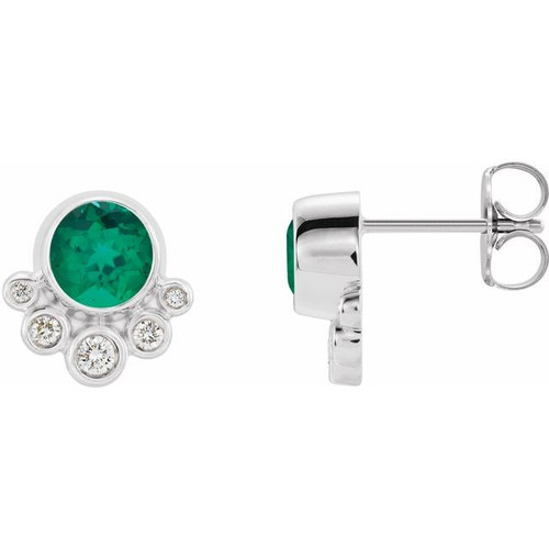 Platinum Lab Created Emerald and 0.13 Carat Diamond Earrings