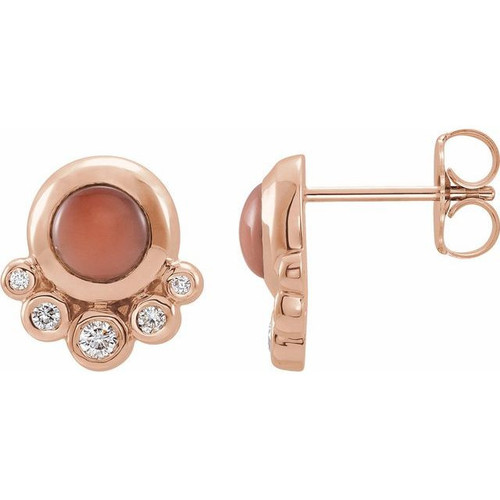 Pink Coral Earrings in 14 Karat Rose Gold Cabochon Pink Coral and 0.13 Carat Diamond Earrings