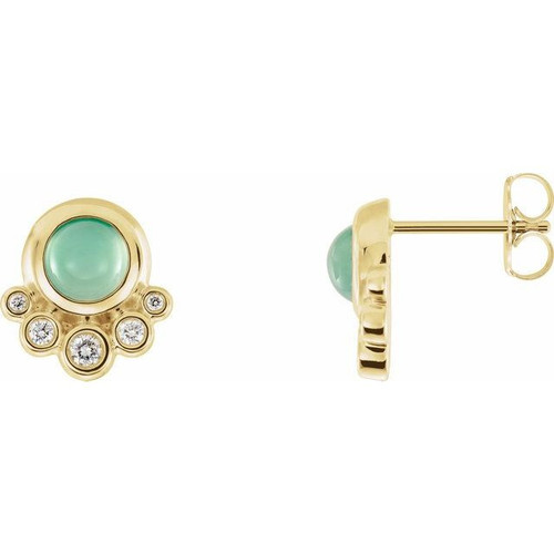 Green Chrysophrase Earrings in 14 Karat Yellow Gold Chrysoprase and 0.13 Carat Diamond Earrings