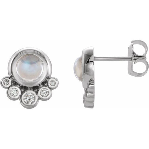 14 Karat White Gold Moonstone and 0.13 Carat Diamond Earrings