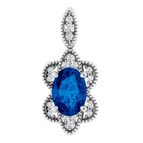 14 Karat White Gold Sapphire and .06 Carat Diamond Pendant