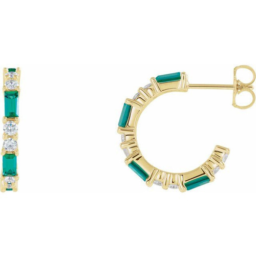 Emerald Earrings in 14 Karat Yellow Gold Emerald and 0.5 Carat Diamond Earrings