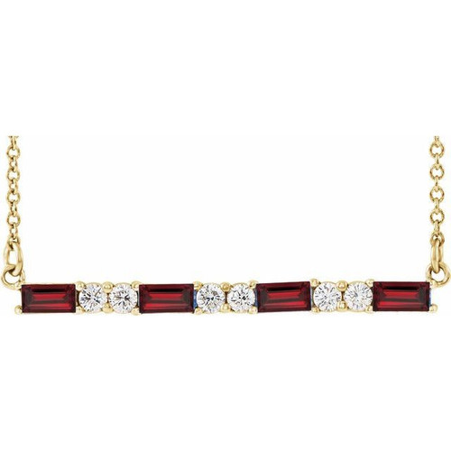 Red Garnet Necklace in 14 Karat Yellow Gold Garnet and 0.20 Carat Diamond Bar 16 inch Necklace