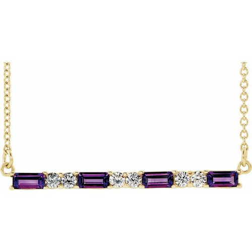 Amethyst Necklace in 14 Karat Yellow Gold Amethyst and 0.20 Carat Diamond Bar 16 inch Necklace