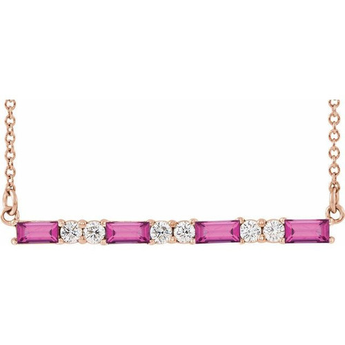 Pink Tourmaline Necklace in 14 Karat Rose Gold Pink Tourmaline and 0.20 Carat Diamond Bar 16 inch Necklace