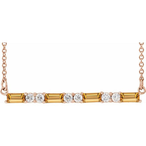 Golden Citrine Necklace in 14 Karat Rose Gold Citrine and 0.20 Carat Diamond Bar 16 inch Necklace
