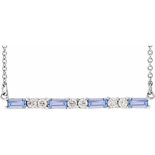 Genuine Tanzanite Necklace in Sterling Silver Tanzanite and 0.20 Carat Diamond Bar 16 inch Necklace