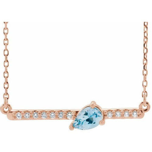 14 Karat Rose Gold Aquamarine Gem and 0.10 Carat Diamond 16 inch Necklace