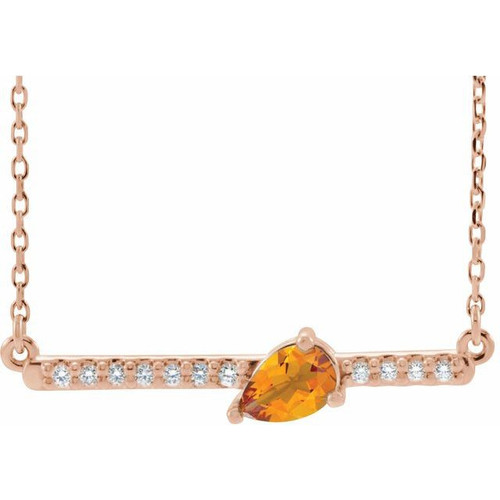 Golden Citrine Necklace in 14 Karat Rose Gold Citrine and 0.10 Carat Diamond 16 inch Necklace