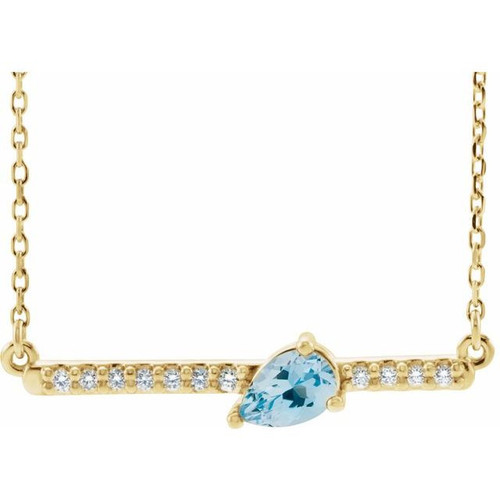 14 Karat Yellow Gold Aquamarine Gem and 0.10 Carat Diamond 18 inch Necklace