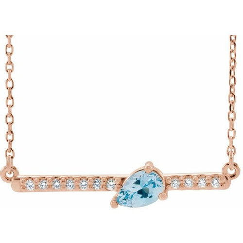 14 Karat Rose Gold Aquamarine Gem and 0.10 Carat Diamond 18 inch Necklace