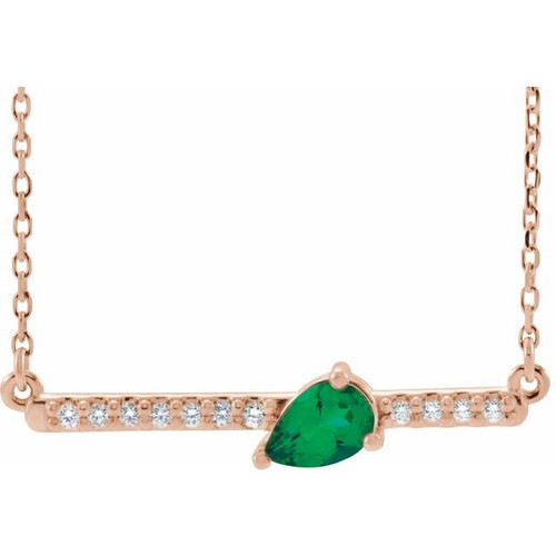 Emerald Necklace in 14 Karat Rose Gold Emerald and 0.10 Carat Diamond 18 inch Necklace