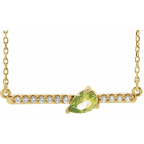 Genuine Peridot Necklace in 14 Karat Yellow Gold Peridot and 0.10 Carat Diamond 18 inch Necklace