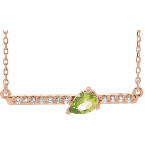 Genuine Peridot Necklace in 14 Karat Rose Gold Peridot and 0.10 Carat Diamond 18 inch Necklace