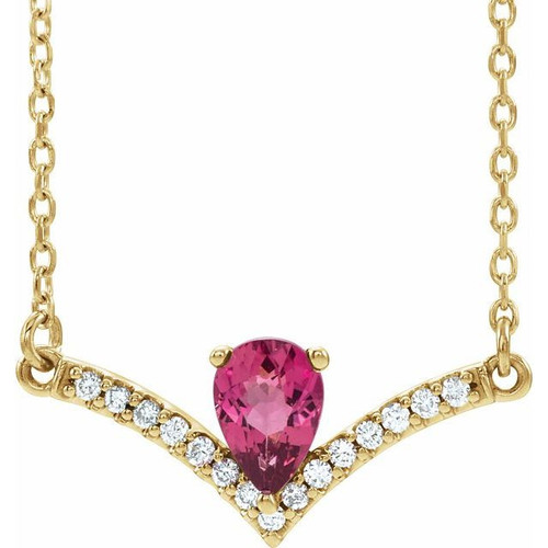 Pink Tourmaline Necklace in 14 Karat Yellow Gold Pink Tourmaline and .06 Carat Diamond 16 inch Necklace