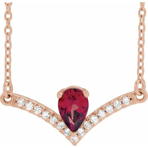 Red Garnet Necklace in 14 Karat Rose Gold Mozambique Garnet and .06 Carat Diamond 18 inch Necklace