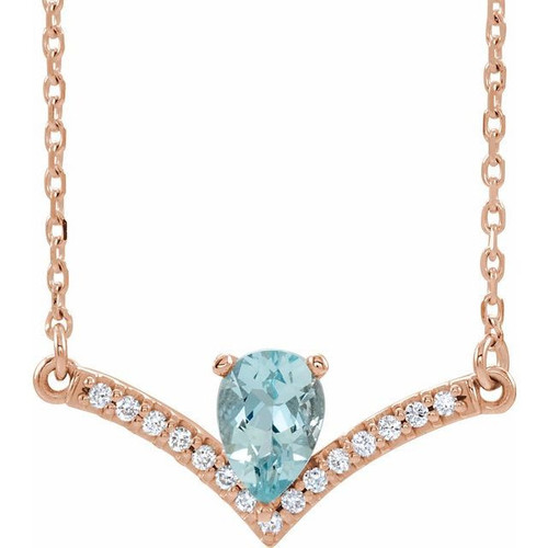 14 Karat Rose Gold Aquamarine Gem and .06 Carat Diamond 18 inch Necklace