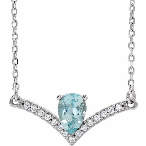 Sterling Silver Aquamarine Gem and .06 Carat Diamond 18 inch Necklace