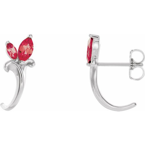 Created Ruby Earrings in 14 Karat White Gold Lab Created Ruby Floral Inspired J Hoop Earrings