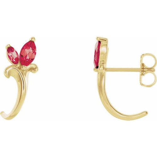 Created Ruby Earrings in 14 Karat Yellow Gold Lab Created Ruby Floral Inspired J Hoop Earrings
