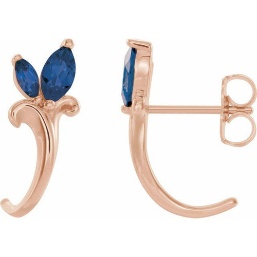 14 Karat Rose Gold Genuine Blue Sapphire Floral Inspired J Hoop Earrings