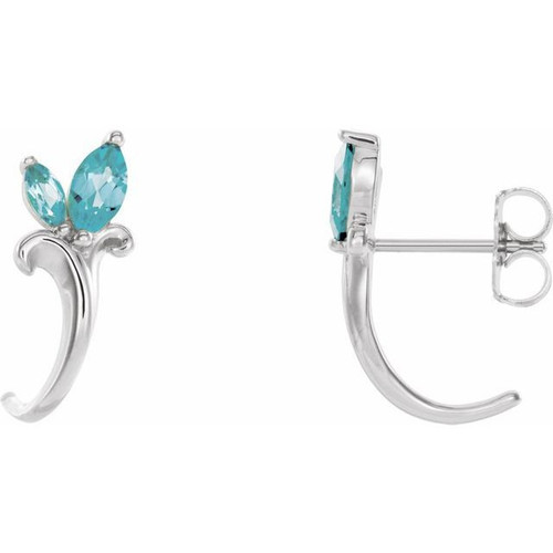 Platinum Genuine Blue Zircon Floral Inspired J Hoop Earrings
