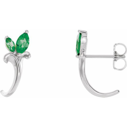 Platinum Emerald Floral Inspired J Hoop Earrings