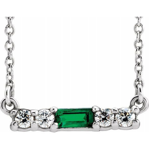 Emerald Necklace in Sterling Silver Emerald and 0.20 Carat Diamond 16 inch Necklace