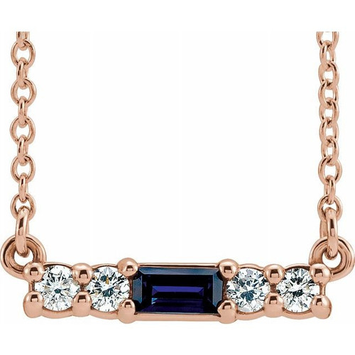 Sapphire Necklace in 14 Karat Rose Gold Sapphire and 0.20 Carat Diamond 16 inch Necklace