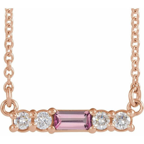 Pink Tourmaline Necklace in 14 Karat Rose Gold Pink Tourmaline and 0.20 Carat Diamond 16 inch Necklace