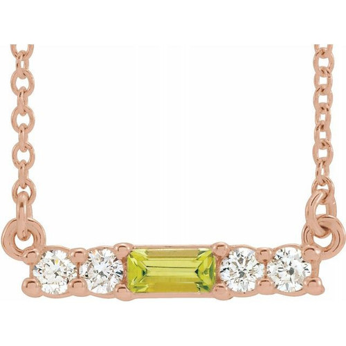 Genuine Peridot Necklace in 14 Karat Rose Gold Peridot and 0.20 Carat Diamond 18 inch Necklace