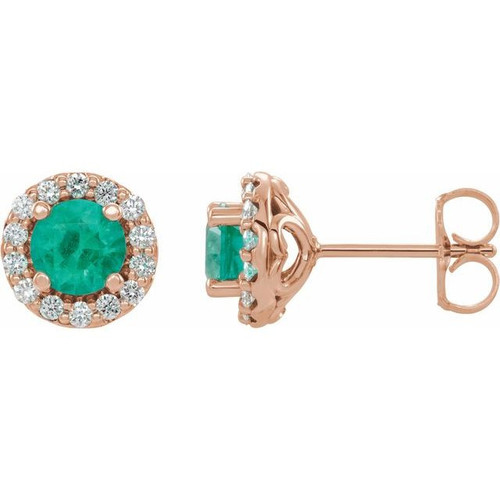 Created Emerald Earrings in 14 Karat Rose Gold Lab Created Emerald and 0.16 Diamond Earrings