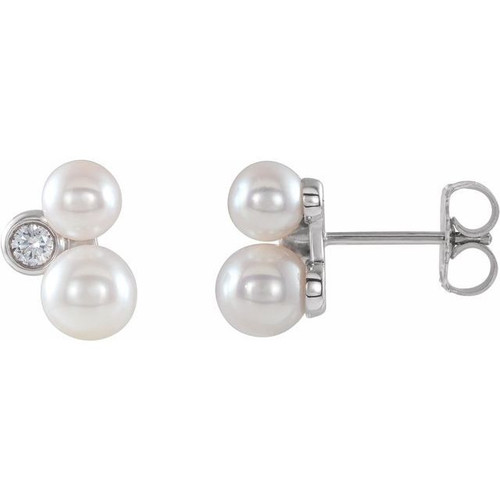14 Karat White Gold Akoya Cultured Pearl and .125 Carat Diamond Earrings