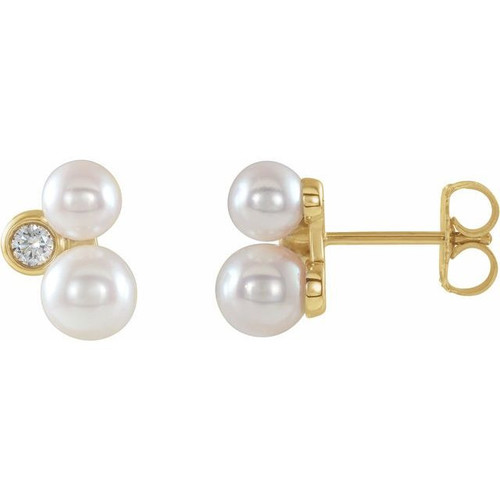 14 Karat Yellow Gold Akoya Cultured Pearl and .125 Carat Diamond Earrings