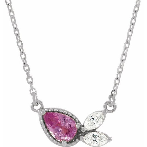 14 Karat White Gold Pink Sapphire and 0.17 Carat Diamond 16 inch Necklace